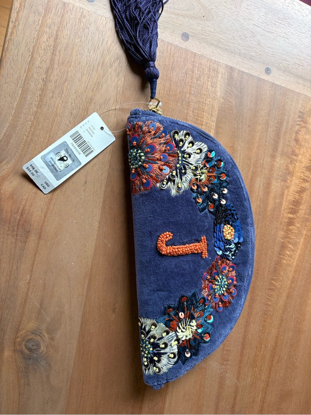 Anthropologie Embroidered Blue Tassel Clutch NWT